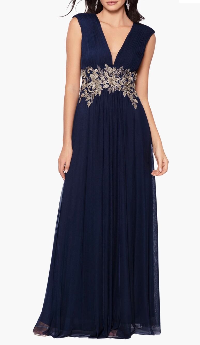 Betsy & Adam navy blue Flora Appliqué Deep V-Neck Chiffon Gown full-length (14)